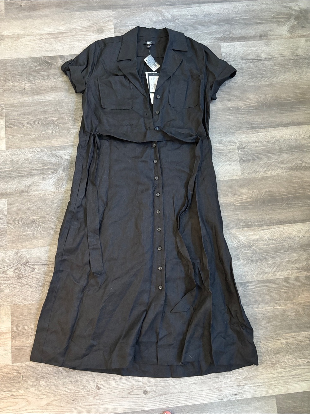 PAIGE Black Button-Front Short-Sleeve Midi Shirt Dress